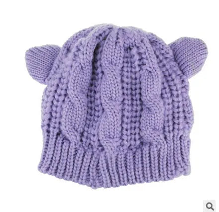 Hand made 3D cat ear knitted wool beanie in winter colours