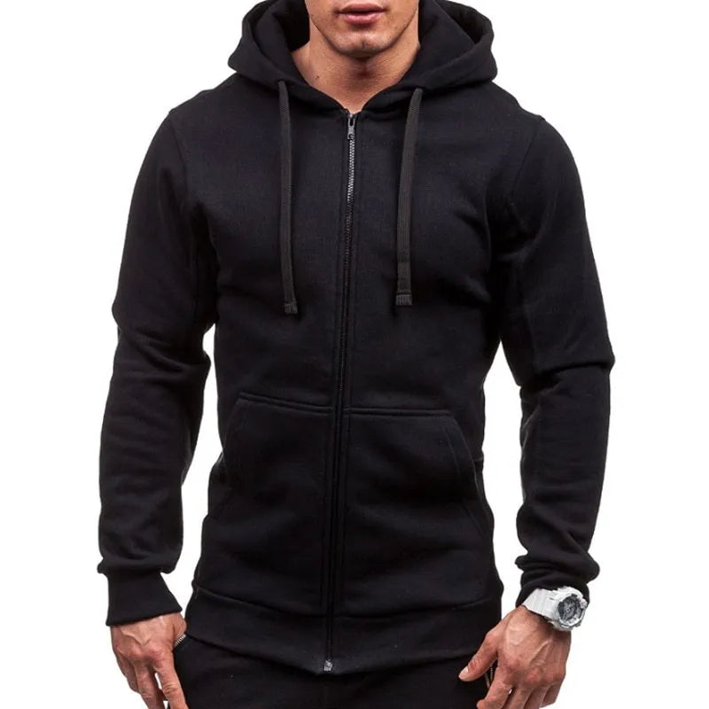 Men's black hooded zip-up cardigan hoodie, loose fit, long sleeve, plain polyester blend, casual four-season style