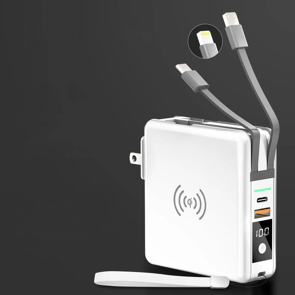 Super QI wireless charging power bank with built-in AC plug and international travel adapter in black or white colour