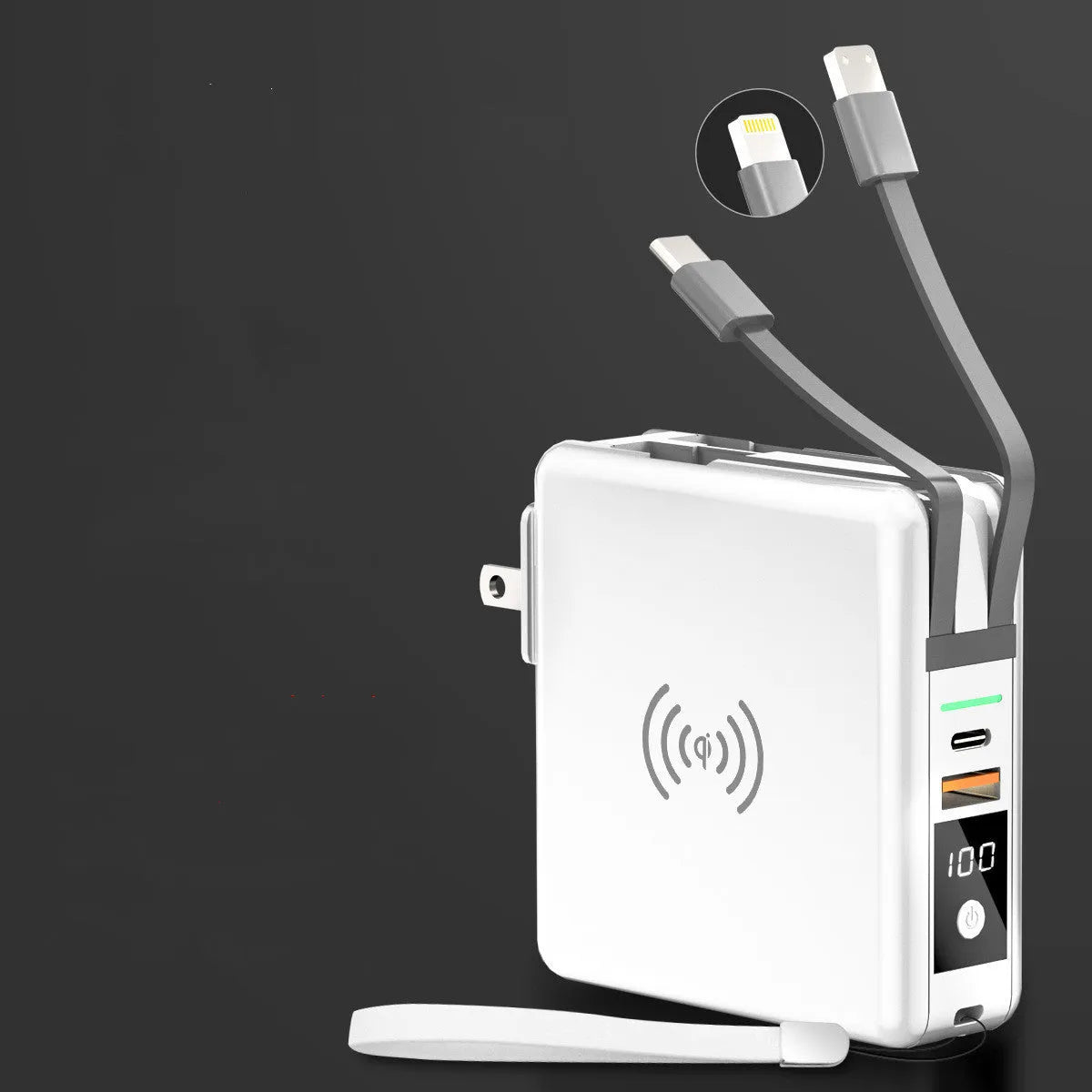 Super QI wireless charging power bank with built-in AC plug and international travel adapter in black or white colour