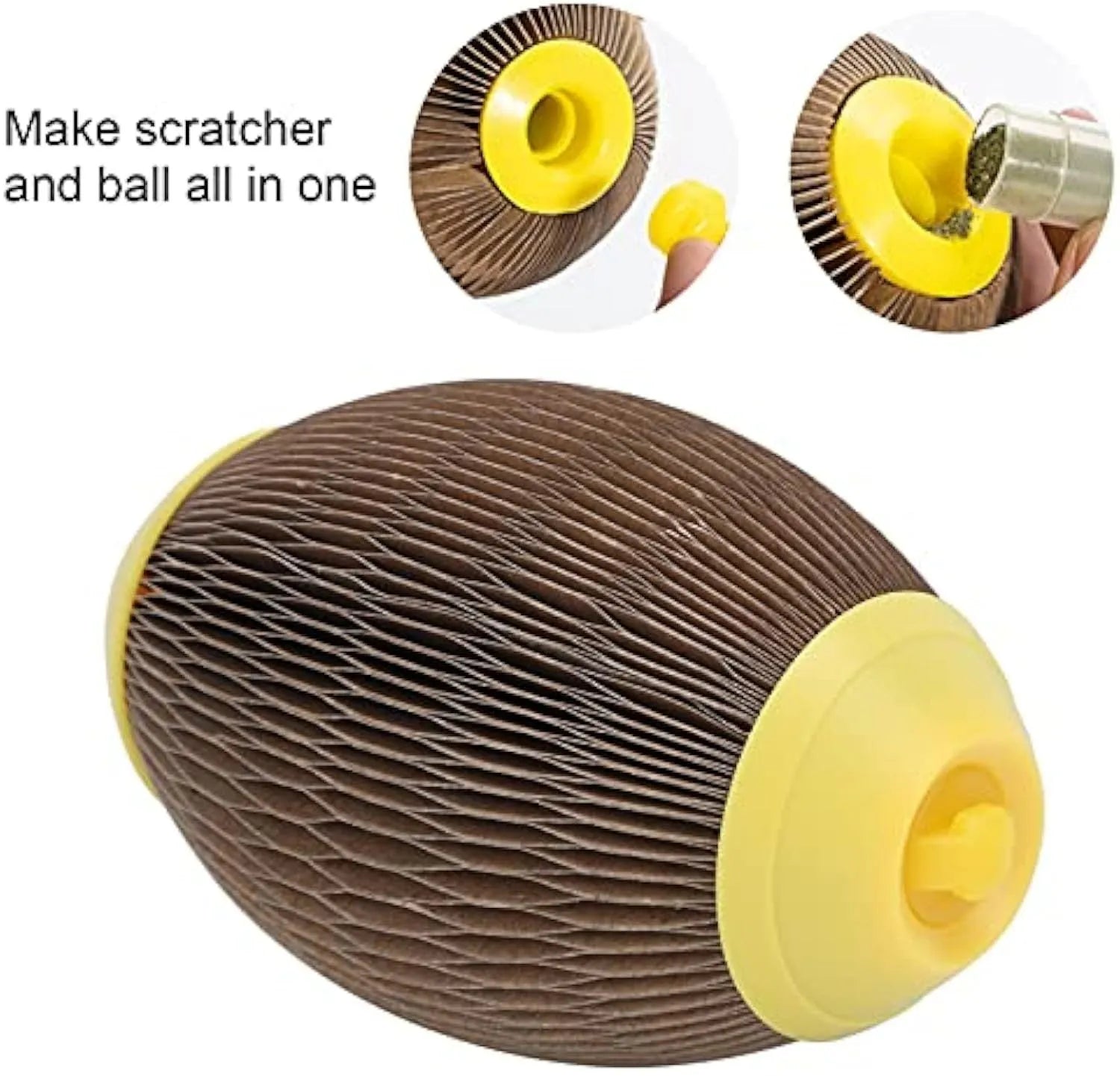 Green corrugated paper catnip football toy with scratching surface and catnip cavity.