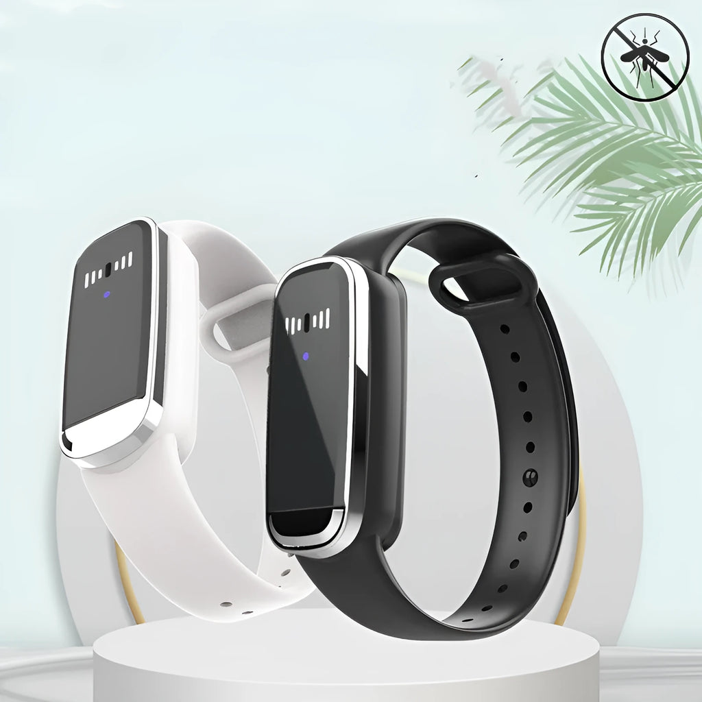 Black and white ultrasonic mosquito repellent bracelet with USB charging cable