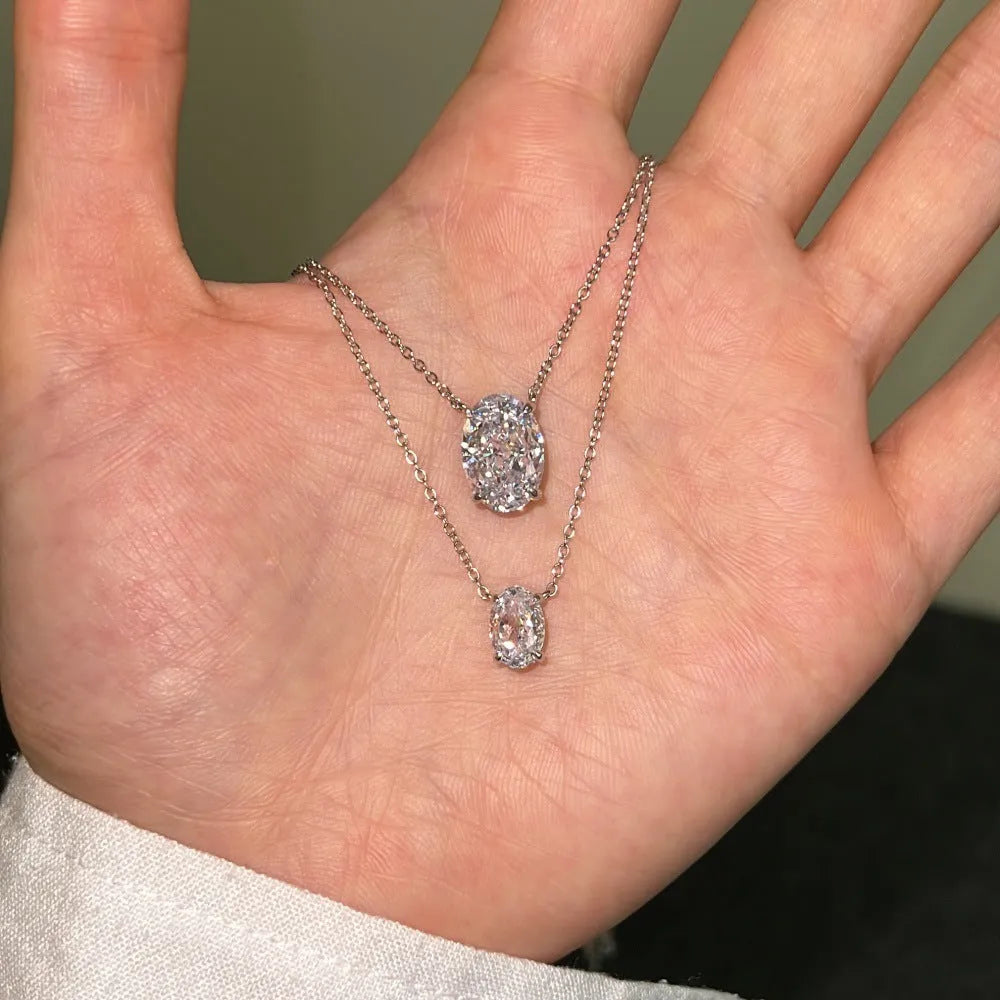 925 sterling silver necklace with geometric oval ice flower pendant in platinum or gold electroplated finish