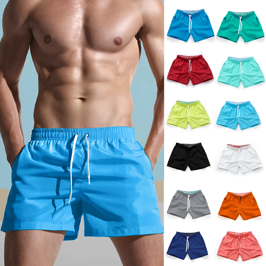 Men's straight leg beach shorts in polyester fabric available in multiple colours and sizes up to 4XL