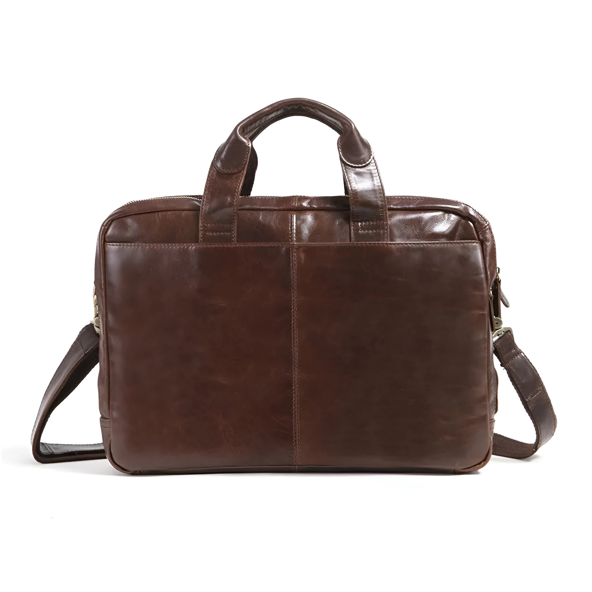 Brown leather business briefcase with 18-inch laptop compartment and professional design
