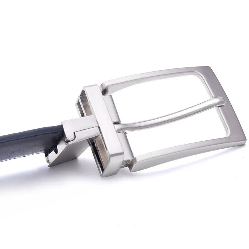 Men's brown and black genuine cowhide leather belt with a rotating alloy pin buckle