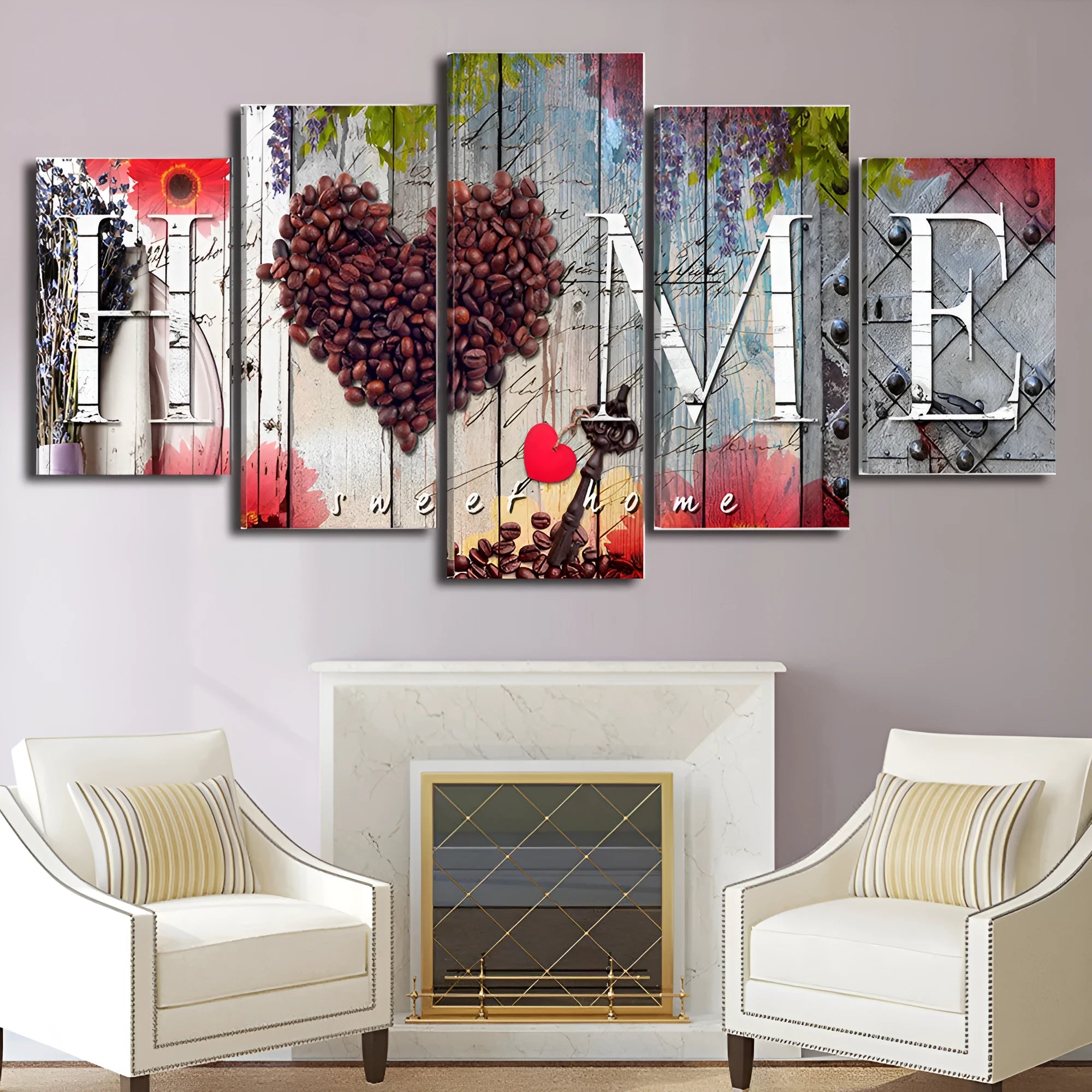 Red oil painting wall decoration boards in multiple sizes arranged on white wall