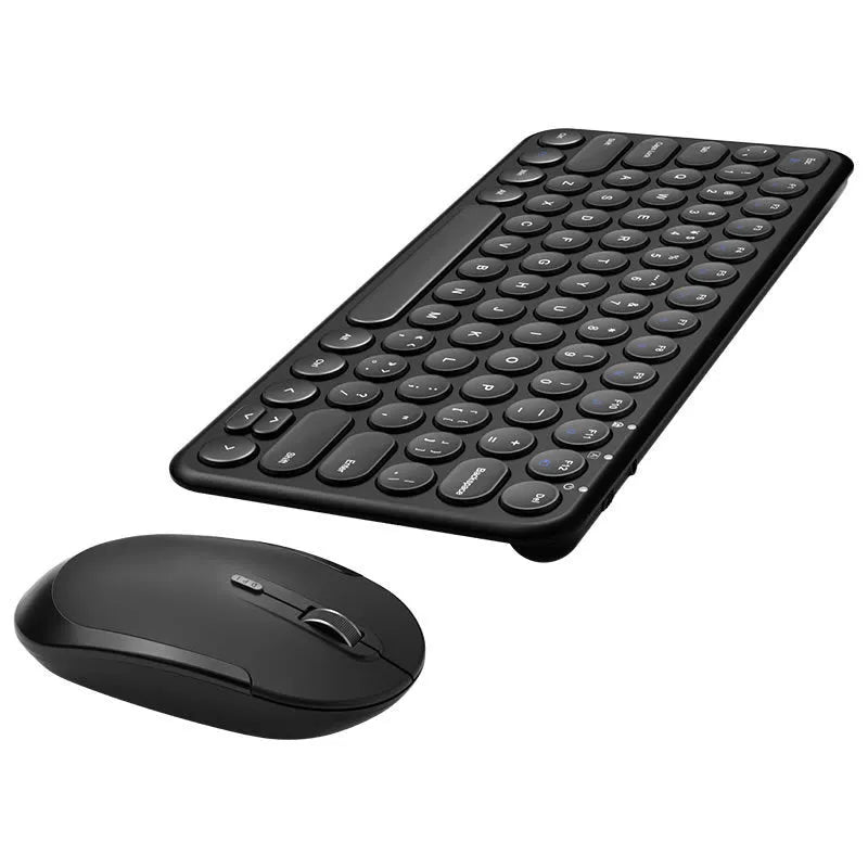 Mute ultra-thin wireless keyboard and mouse set in pink on a desk with USB receiver.