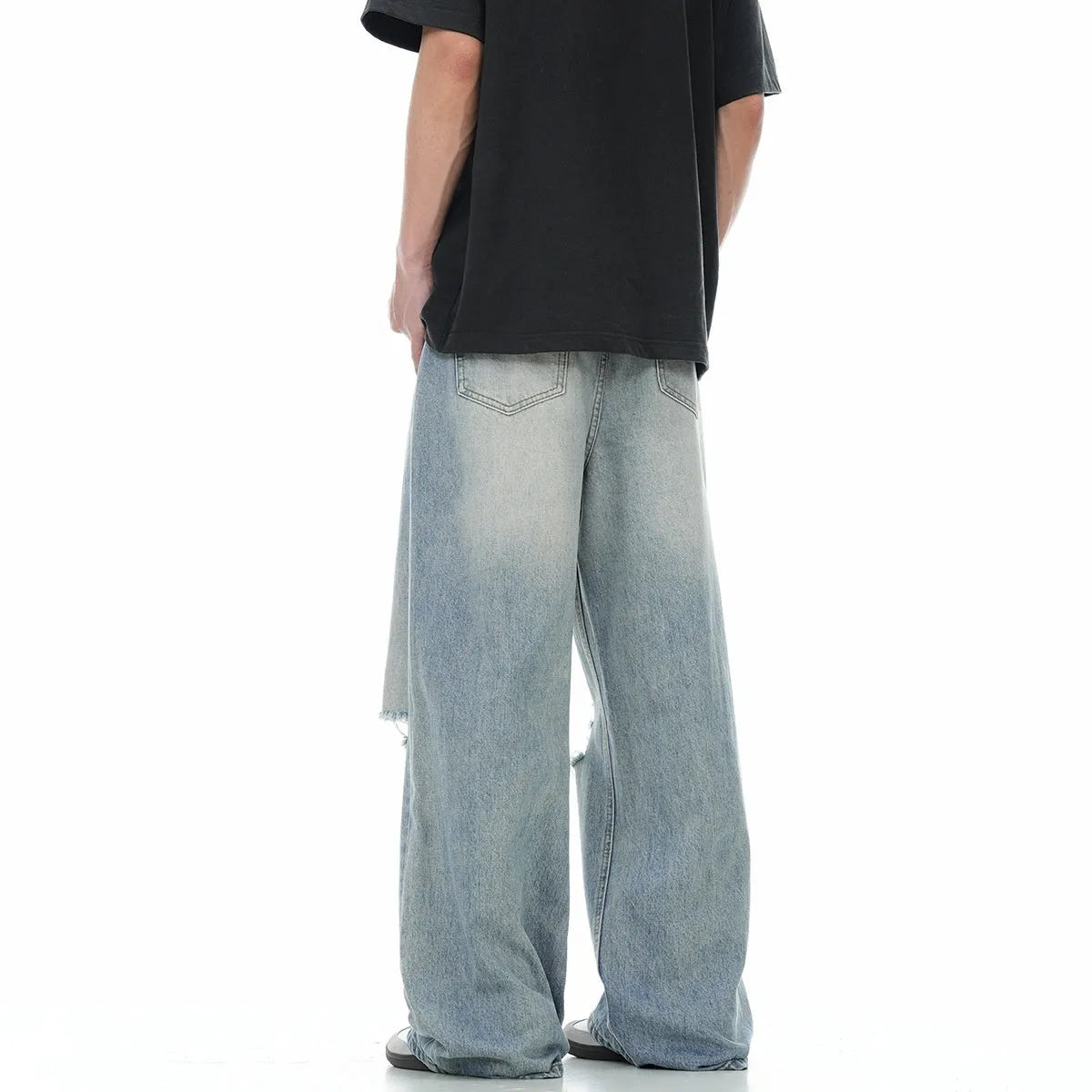 Men's blue retro ripped straight-leg jeans with zipper fly and cotton blend fabric