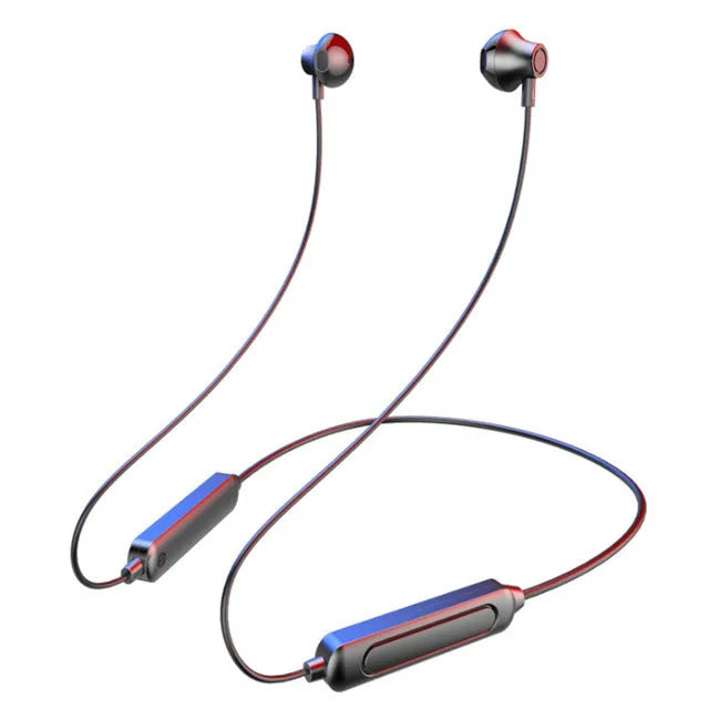 Black neck-mounted wireless Bluetooth sports earphones with bilateral stereo design
