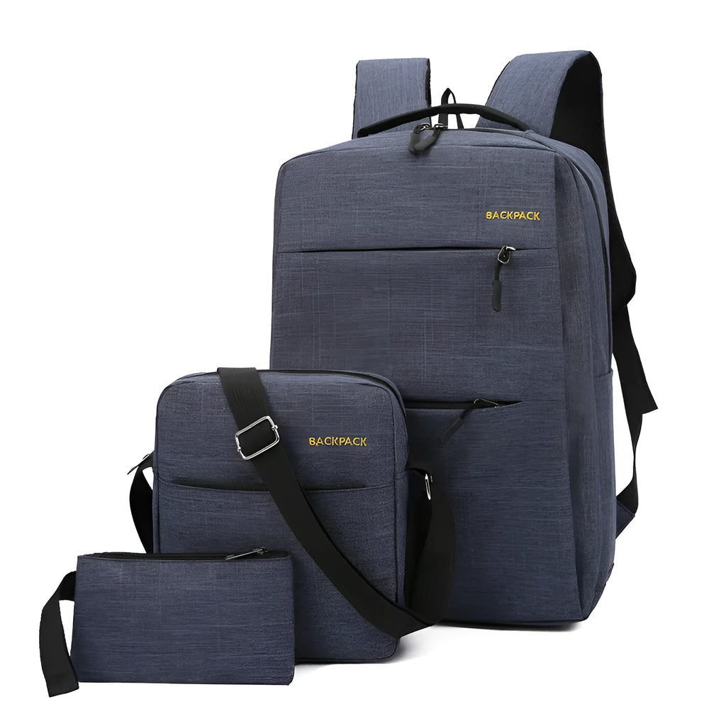 Men's three-piece USB charging computer bag set in nylon fabric showing internal compartments