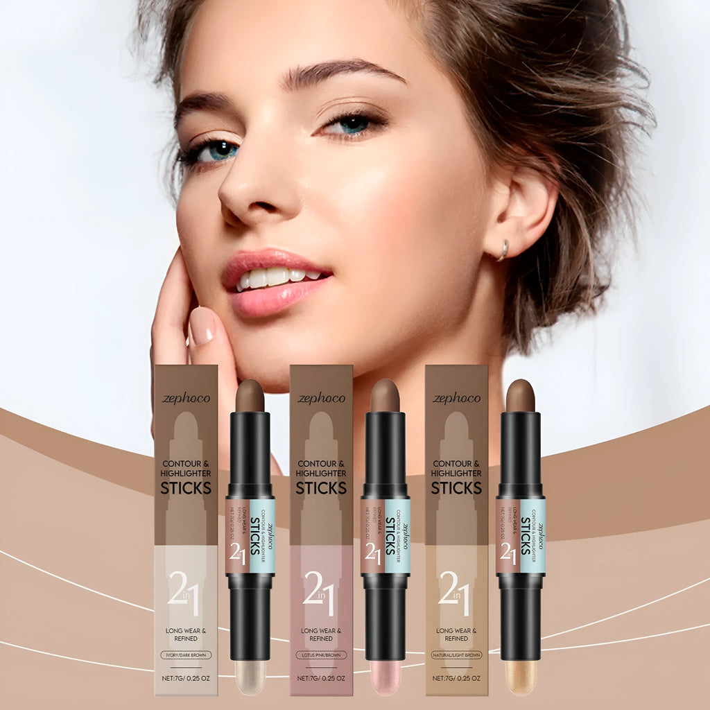 Makeup highlighter contour stick with dual-ended design showing three colour options