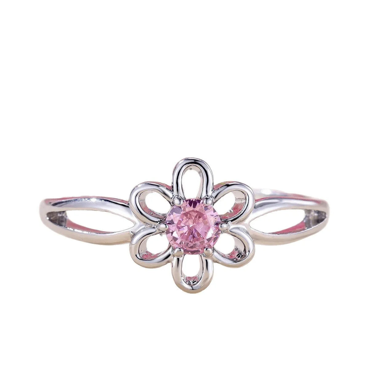 Women's hollowed floral copper ring with electroplated platinum pink diamond finish