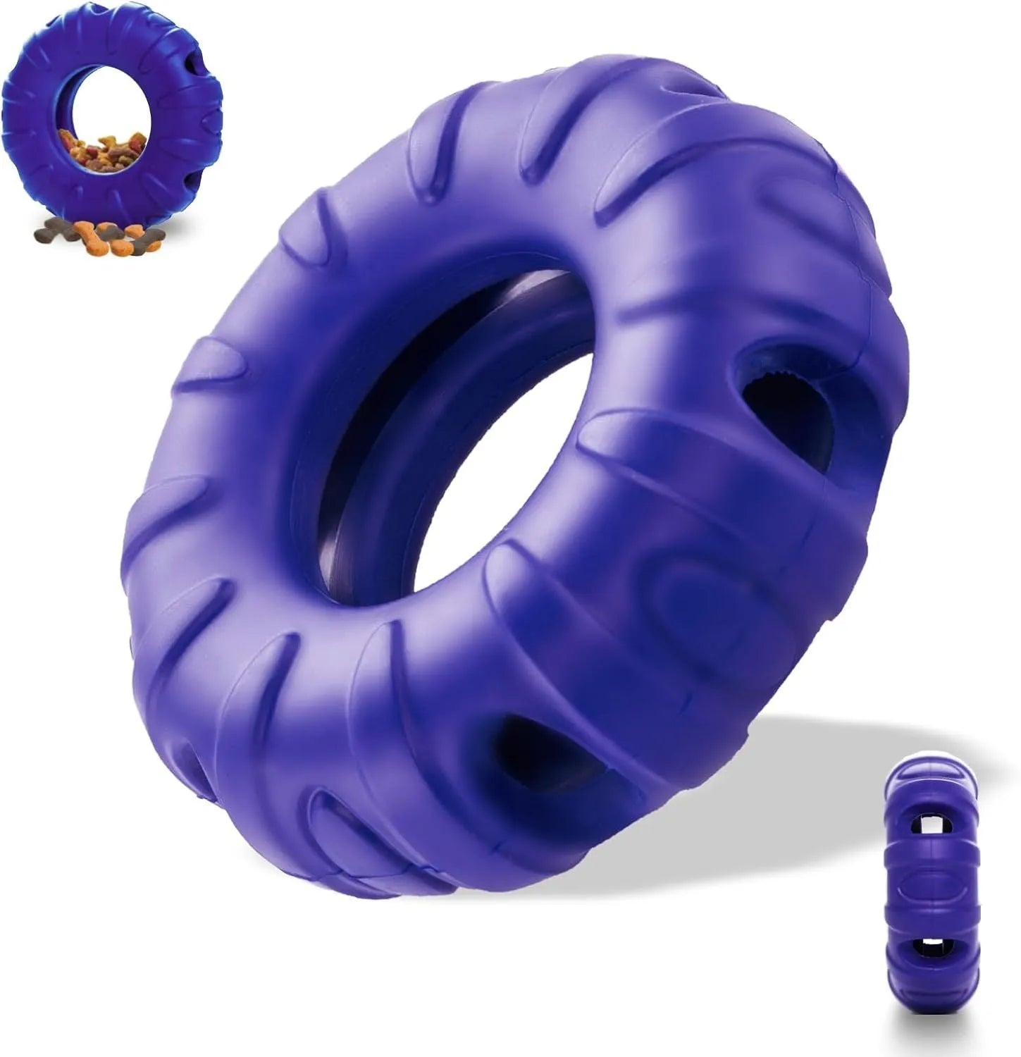 Beef-flavoured red rubber tyre dog chew toy with oval openings for treat dispensing