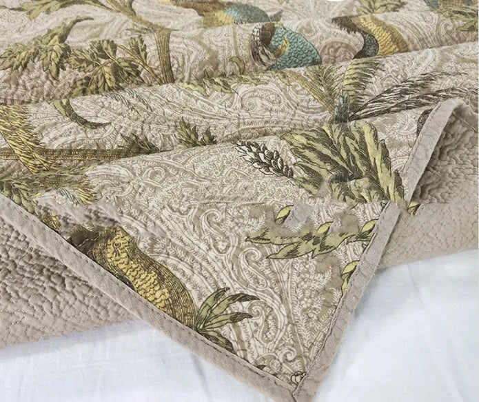 Blue cotton bedspread with American flower and bird quilted pattern, 230x250 cm three-piece set.