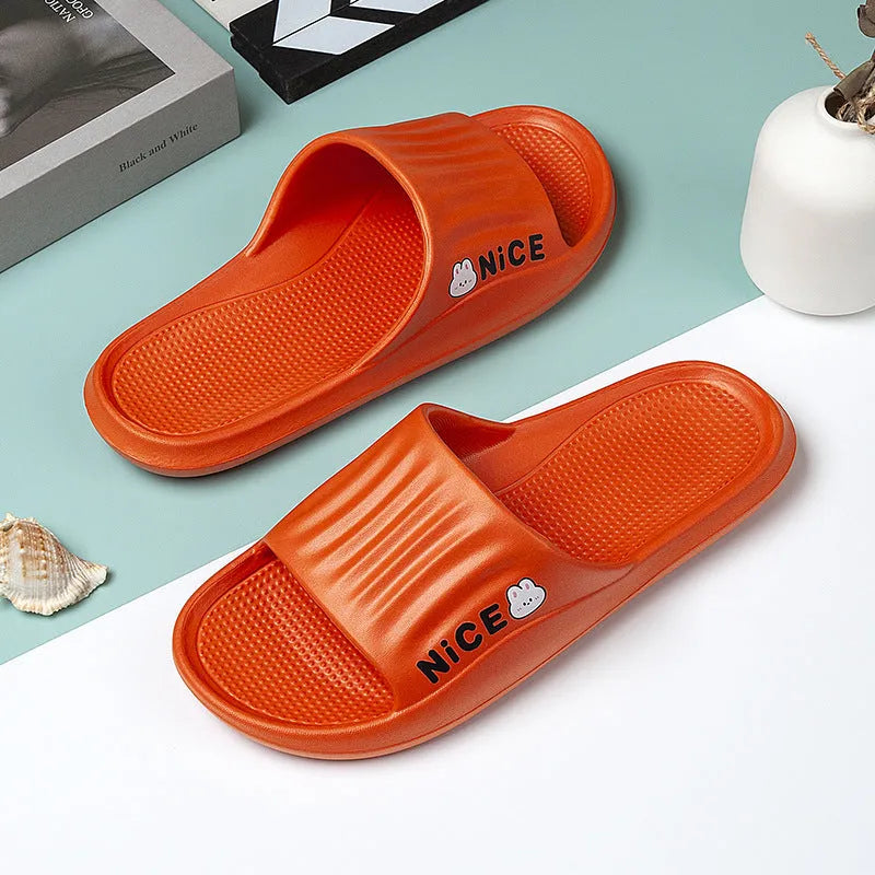 Cartoon pattern EVA slippers in various colours showing flip-flop style with non-slip soles
