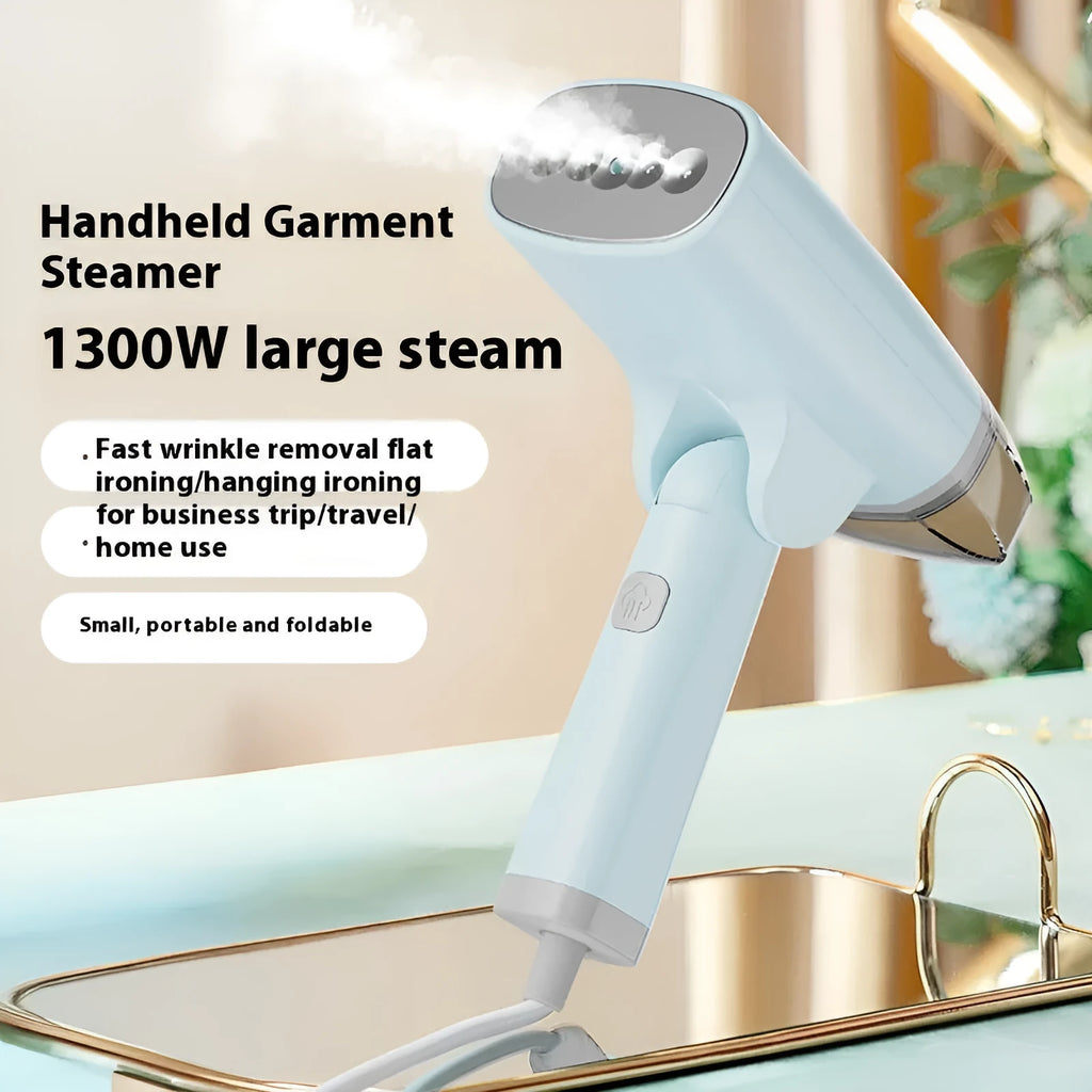 Blue handheld garment steamer with mechanical controls and compact design for portable clothes care