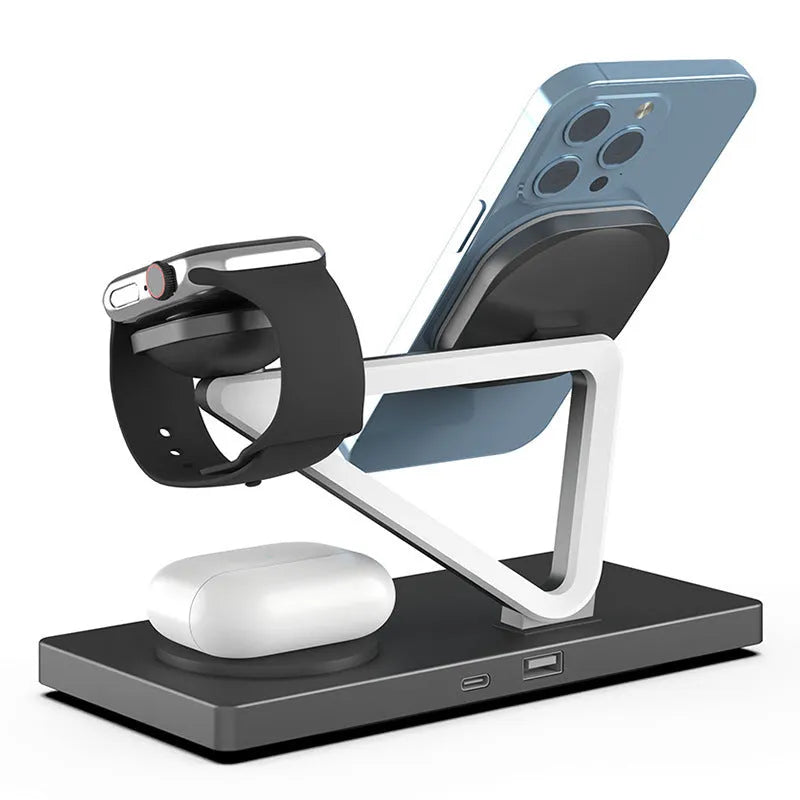 White five-in-one wireless charging night lamp showing magnetic phone bracket, watch pad, and circular base station.