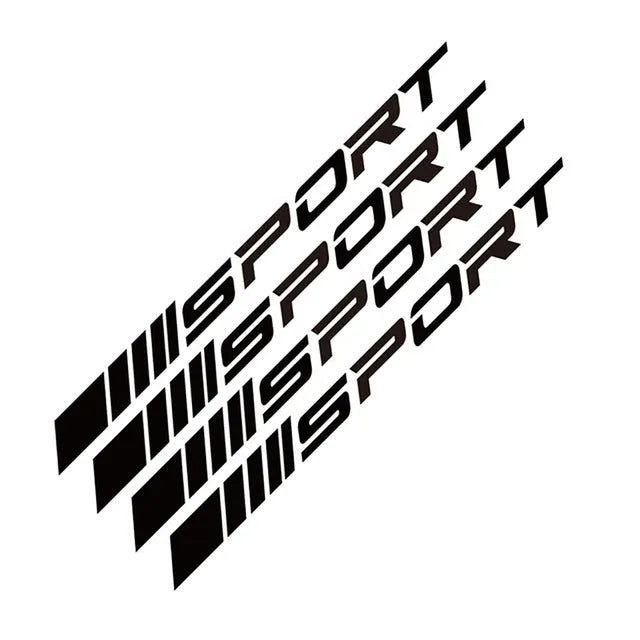 Hollow sports design car rim stickers in black, red, and white on PET vinyl sheet