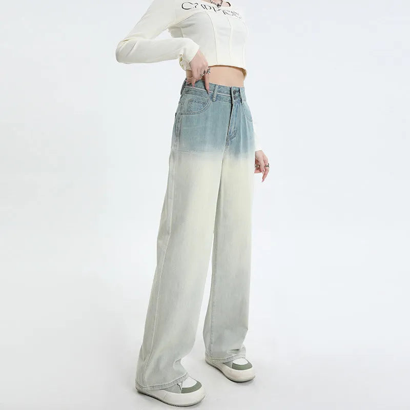 Gradient blue women's straight-leg wide-cut denim trousers laid flat