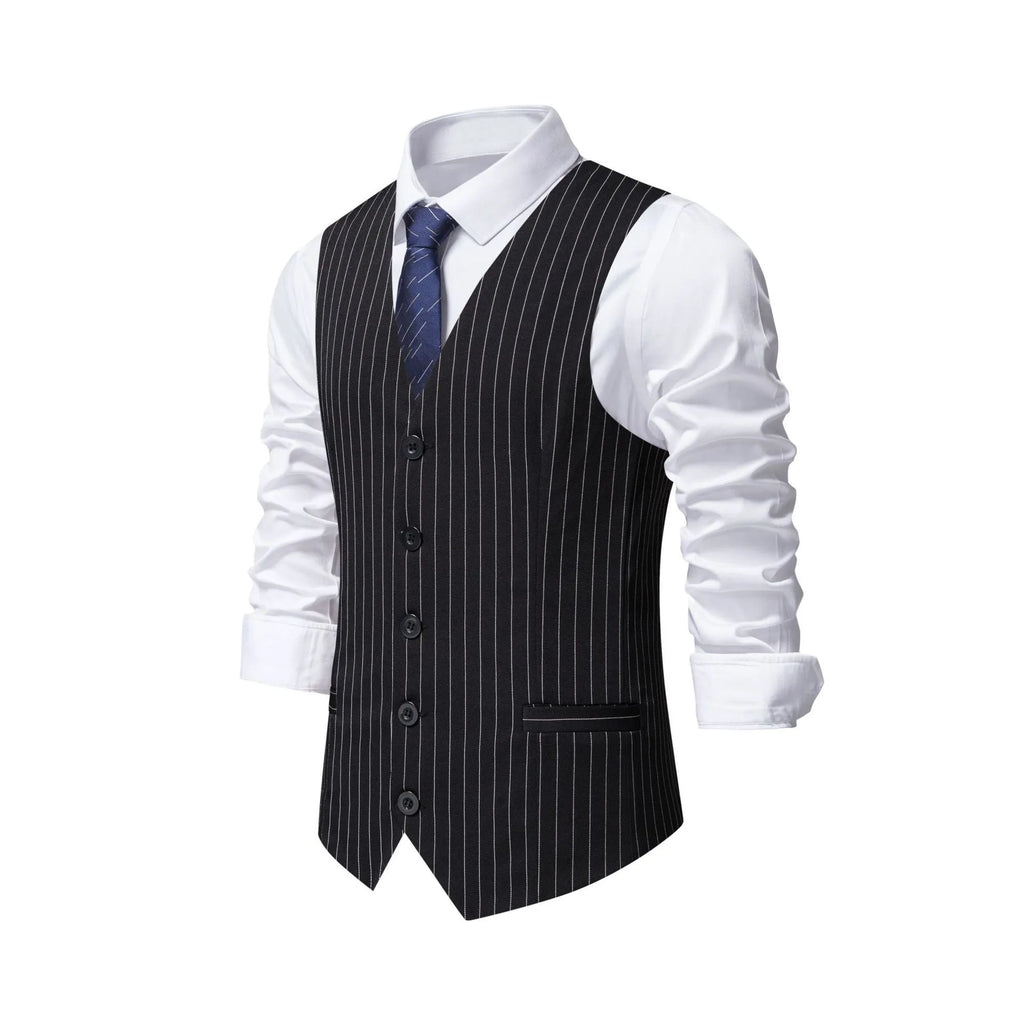 Men's striped suit vest in polyester with non-ironing finish, shown in red, black, and khaki colour options