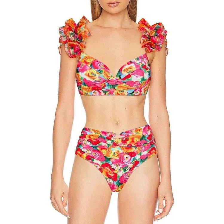 Women's floral print push-up bikini swimsuit with high-waisted briefs and matching skirt