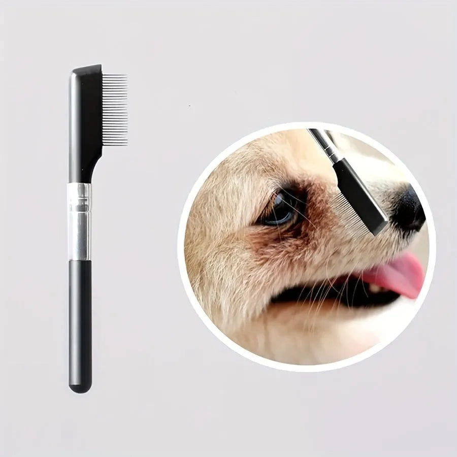 Black dual-head pet grooming brush with soft silicone bristles and a comb for eye cleaning and hair removal.
