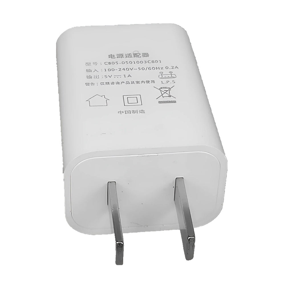 White USB wall charger adapter with 5V 1A output and CE FCC certification labels