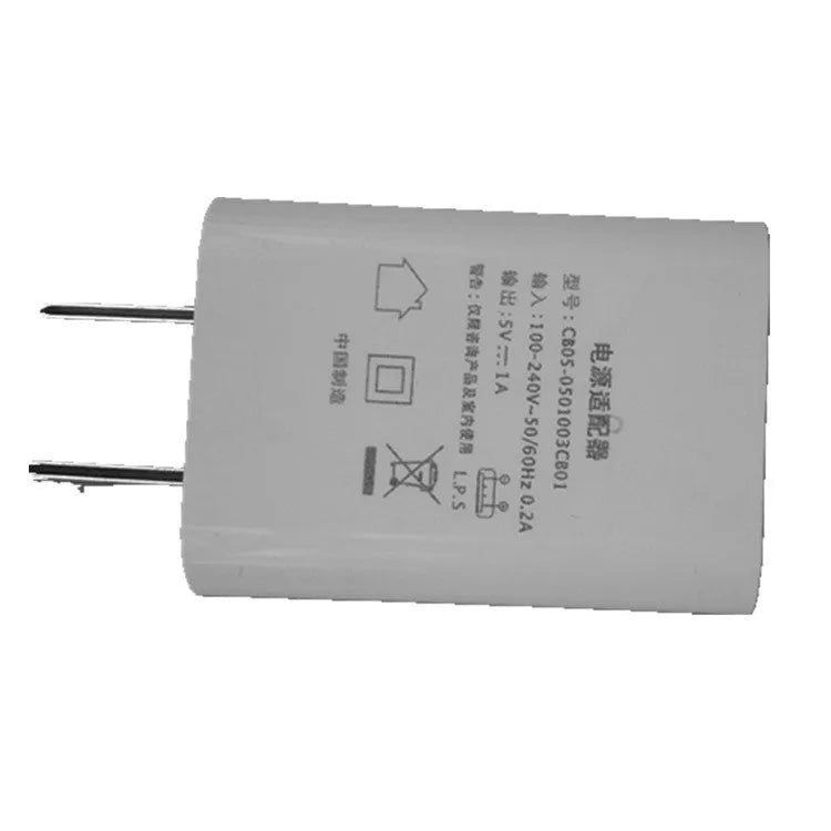 White USB wall charger adapter with 5V 1A output and CE FCC certification labels