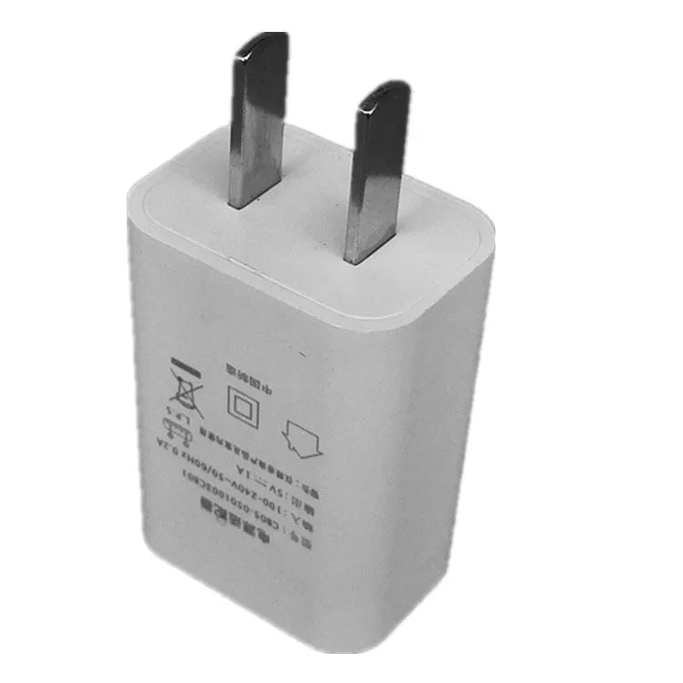 White USB wall charger adapter with 5V 1A output and CE FCC certification labels