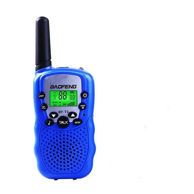 Children's walkie talkie set in various colours showing handheld design with antenna and channel selector