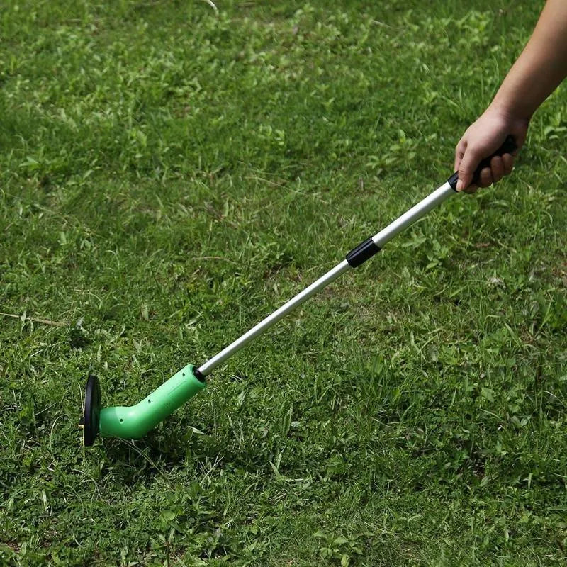 Cordless Zip Trim handheld lawn mower and weed trimmer with extension pole and debris shield.