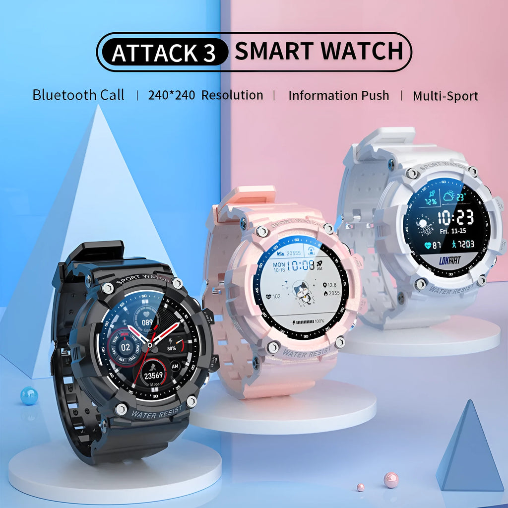 ATTACK 3 IP67 waterproof smart watch with round screen shown in black, white, and pink colour options