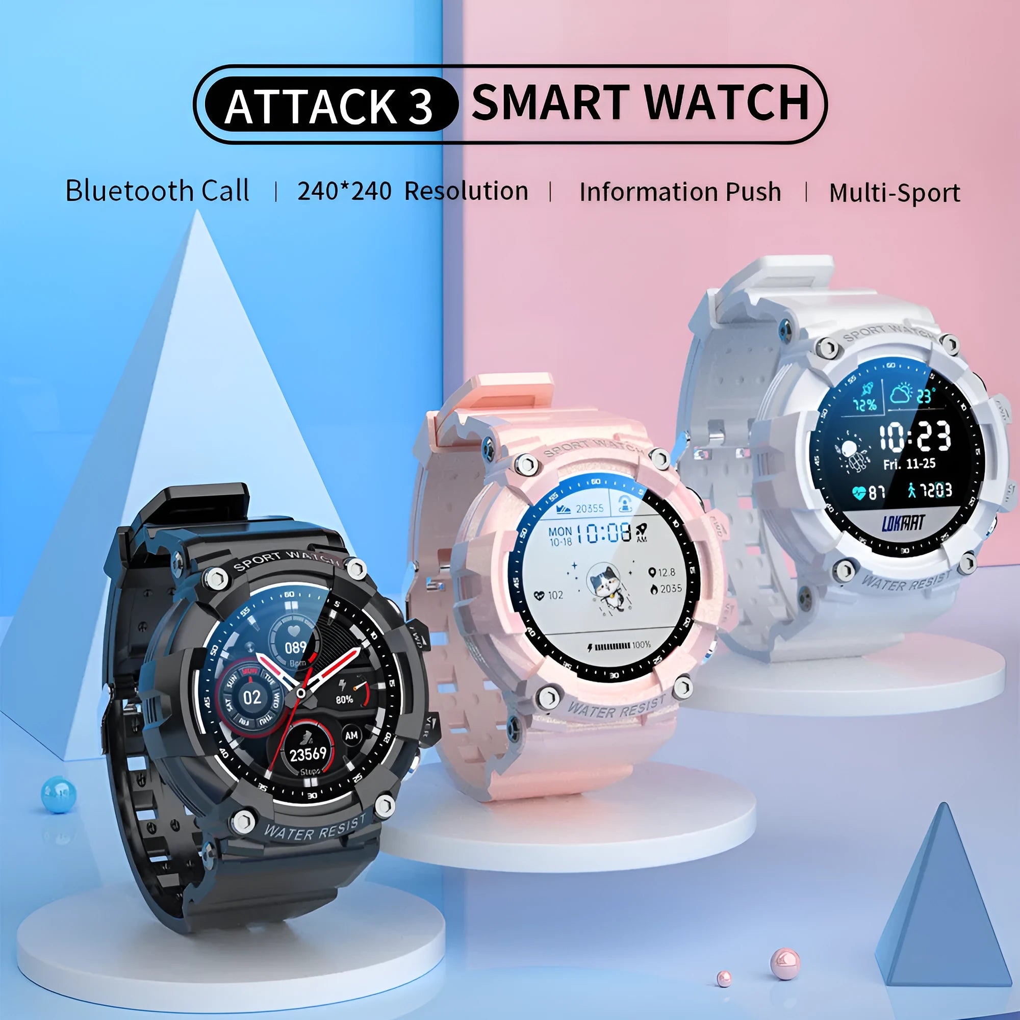 ATTACK 3 IP67 waterproof smart watch with round screen shown in black, white, and pink colour options