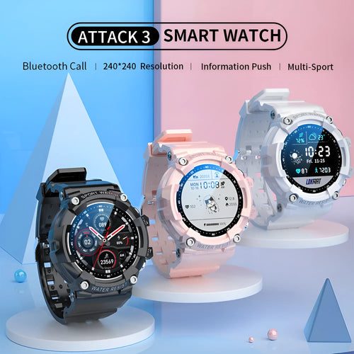 ATTACK 3 IP67 waterproof smart watch with round screen shown in black, white, and pink colour options