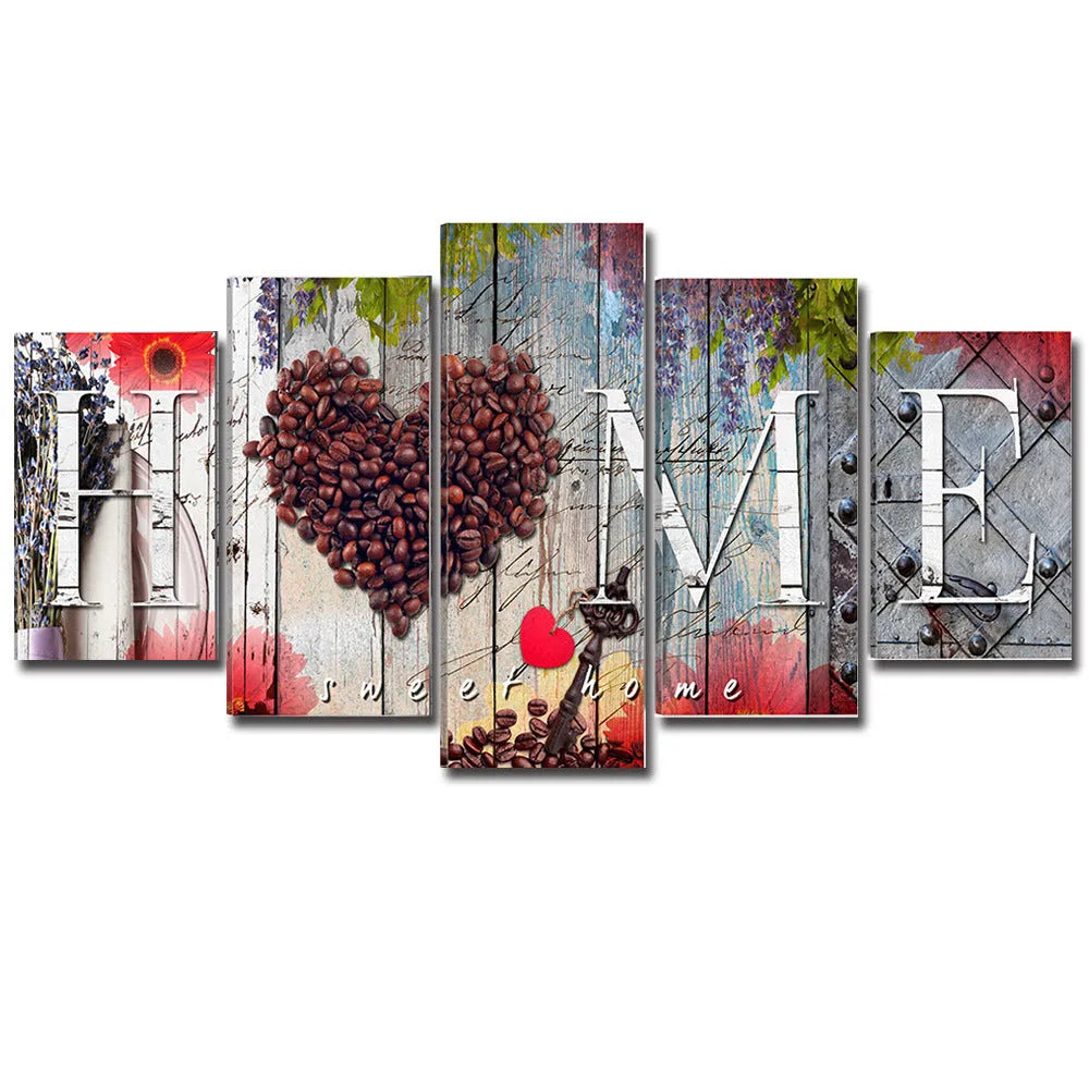 Red oil painting wall decoration boards in multiple sizes arranged on white wall