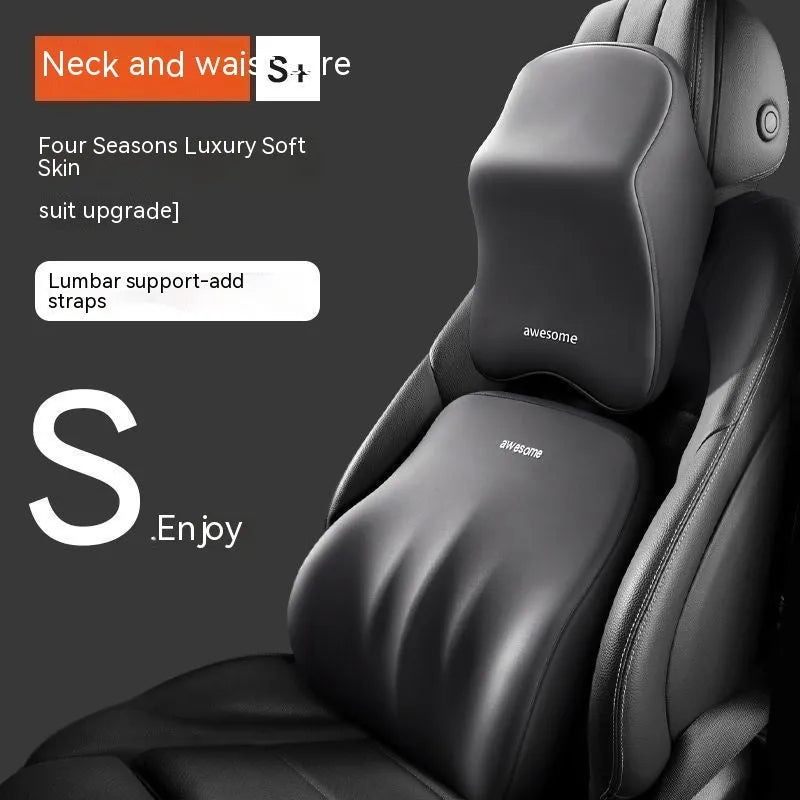 Memory foam automotive headrest pillow and lumbar support pillow set shown in one of four solid colour options.