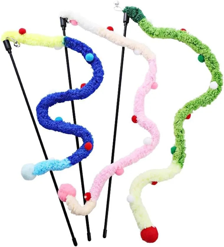 Cat wand toy with colourful plush strip, fluffy ball, and bells on a 41cm pole