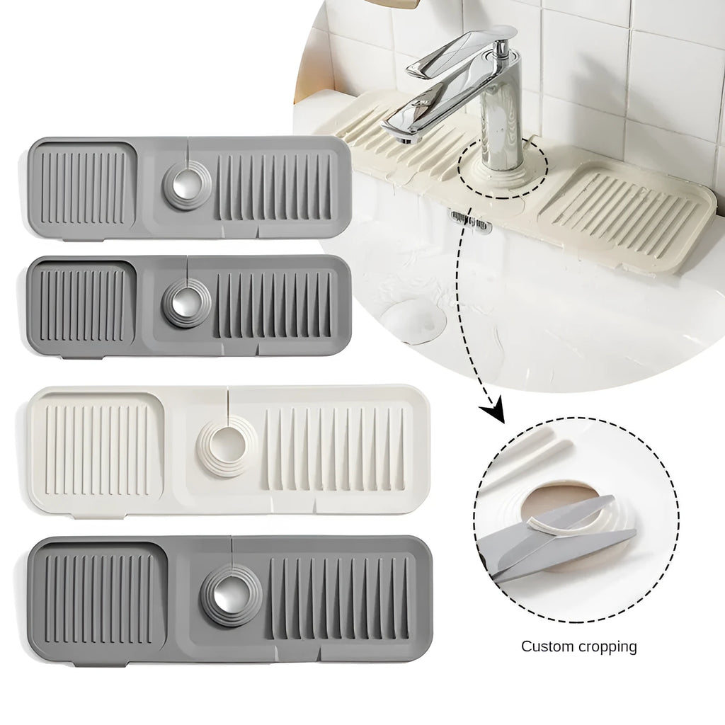Silicone faucet splash guard pad in beige colour with sloped design and two drain channels.