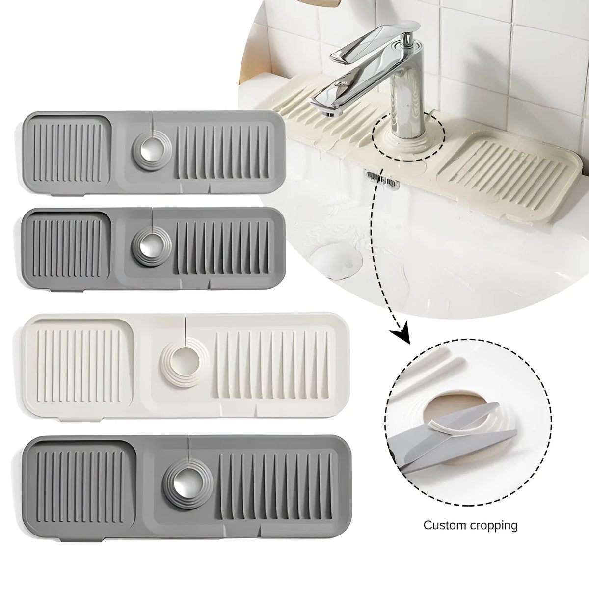 Silicone faucet splash guard pad in beige colour with sloped design and two drain channels.