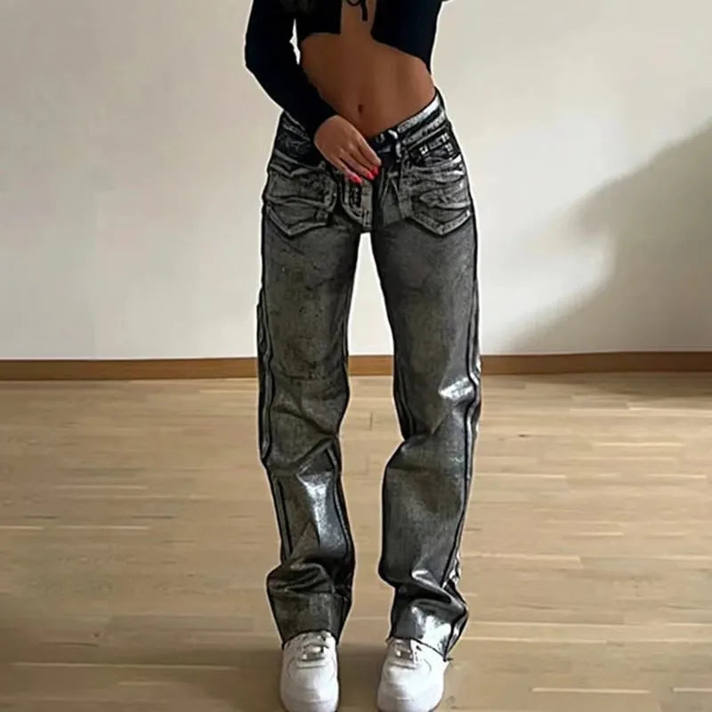 Washed blue straight leg jeans with high waist and contrast colour details on mannequin