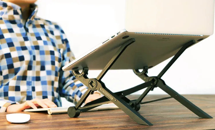Black folding portable laptop stand made from reinforced nylon, shown in open and closed positions