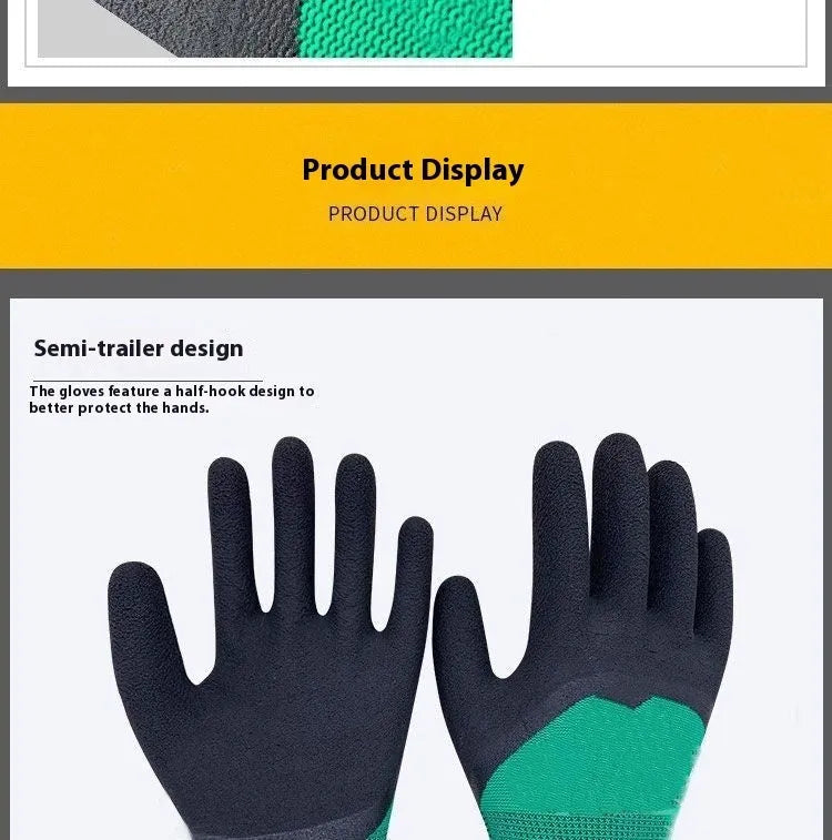 Black and green rubber work gloves with a non-slip textured surface, shown in size M.