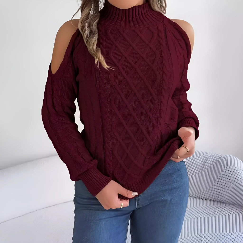 Women's gray strapless acrylic sweater with twisted pattern, half-high collar, and long lantern sleeves.