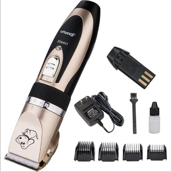 Gold cordless pet grooming clipper kit with ceramic titanium blade, four guide combs and grooming tools