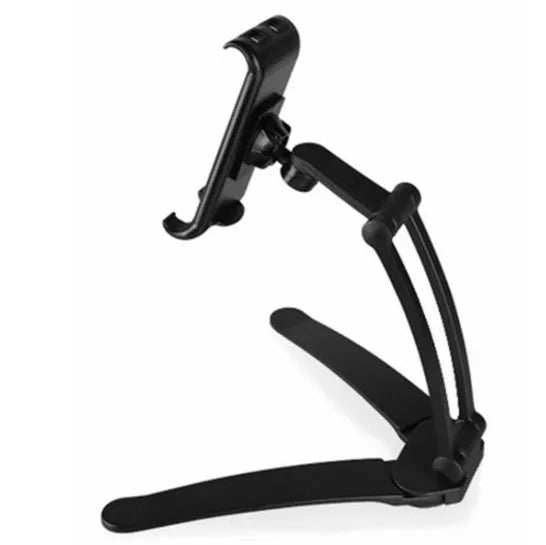 Silver aluminium alloy desktop stand holding a tablet, showing its adjustable clip and mounting base.