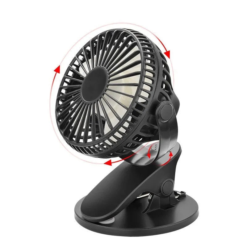 White USB rechargeable clip fan with brushless motor attached to a stroller handle.