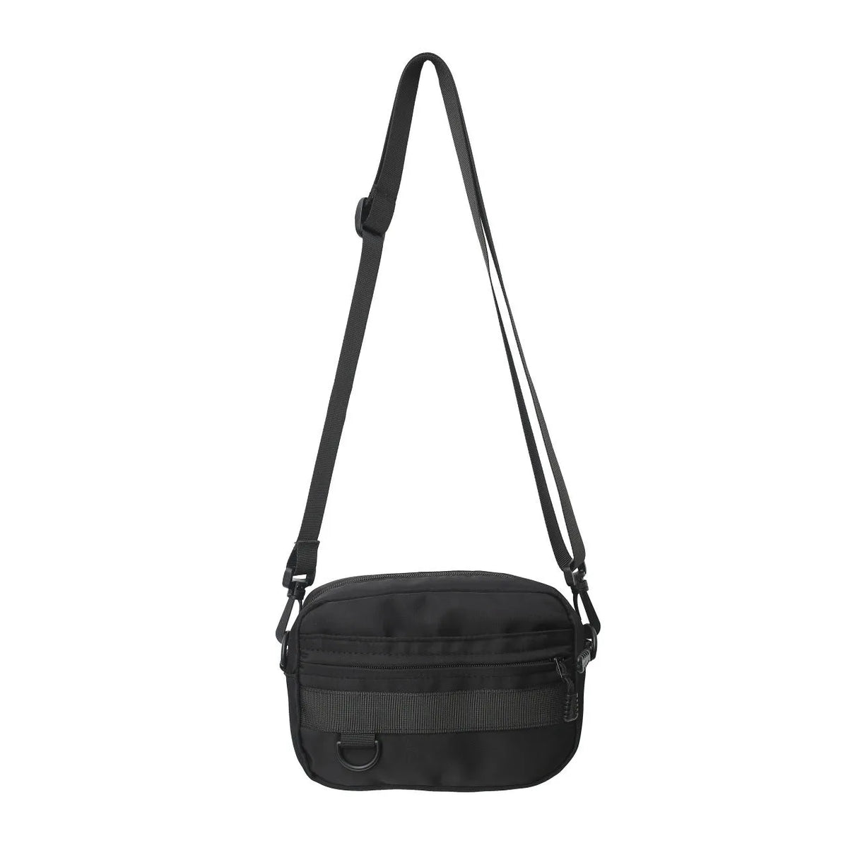 Men's street style nylon messenger crossbody bag in black showing 22cm length and sewing thread detailing