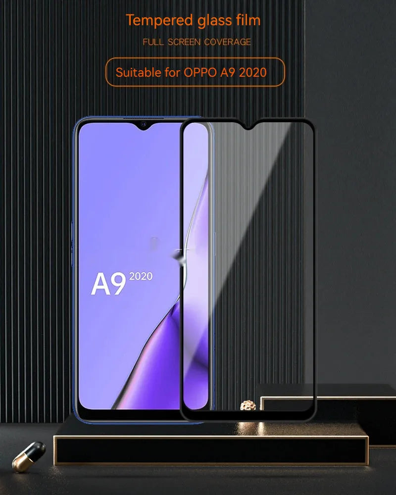 OPPO A9 2020 tempered glass screen protector showing full screen coverage with anti-fingerprint finish