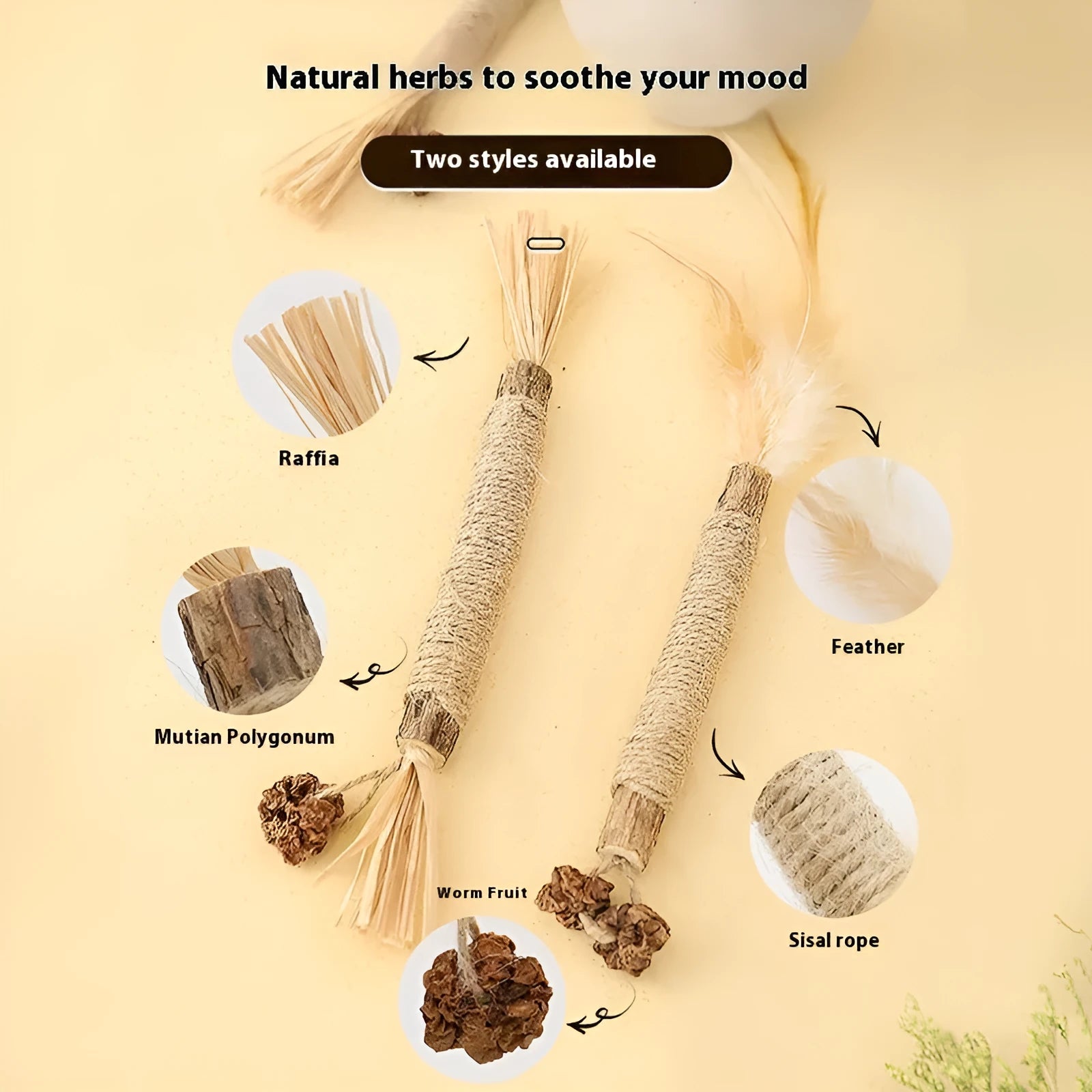 Wooden cat teeth grinding rod with natural fibre wrapping and 2.2cm diameter measurement